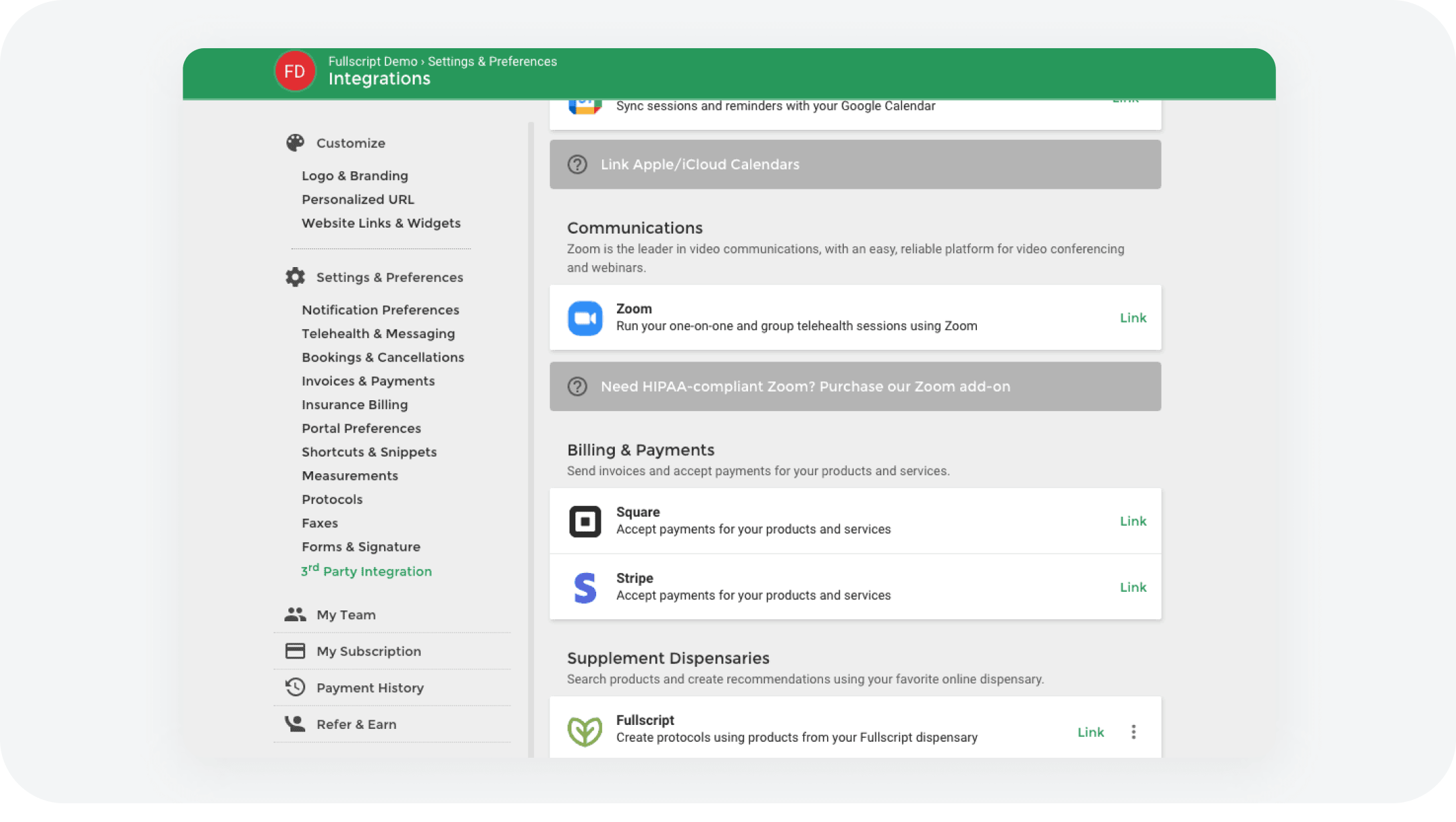 integrations partner screenshot of Practice Better platform 3rd party integrations settings