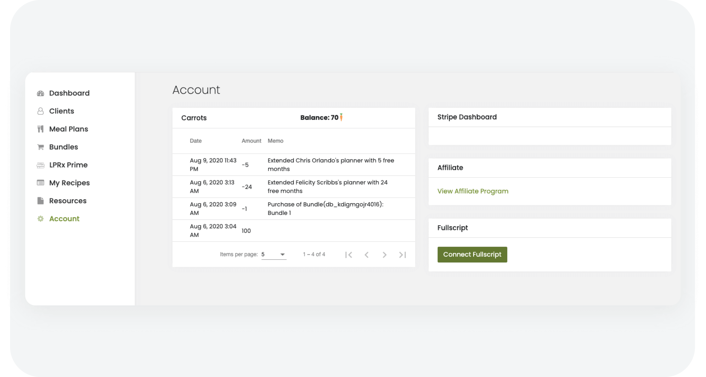 integrations partner screenshot of location of Fullscript integration in Living Plate Rx account settings