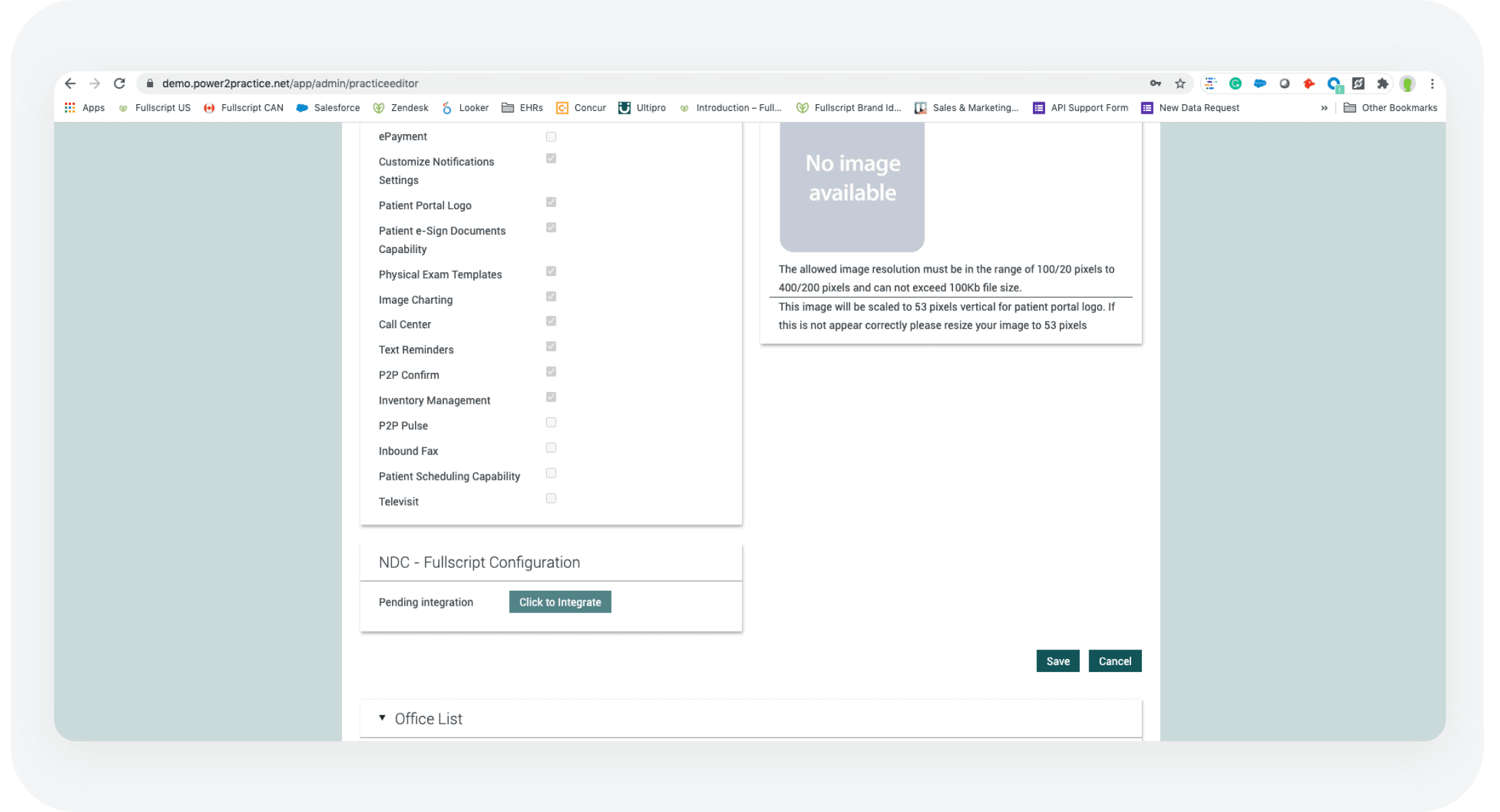 integrations partner screenshot of location of Fullscript integration in Power2Practice admin settings