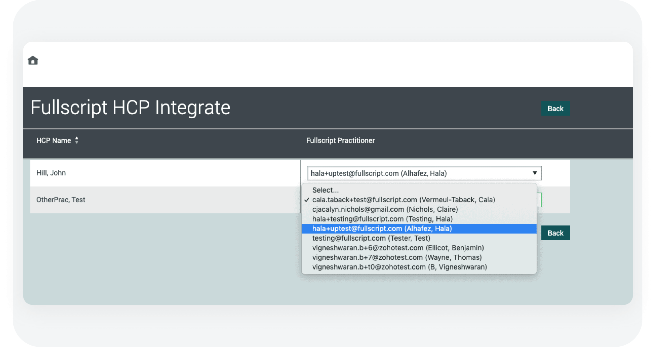 integrations partner screenshot of Fullscript provider-matching screen in the Power2Practice platform