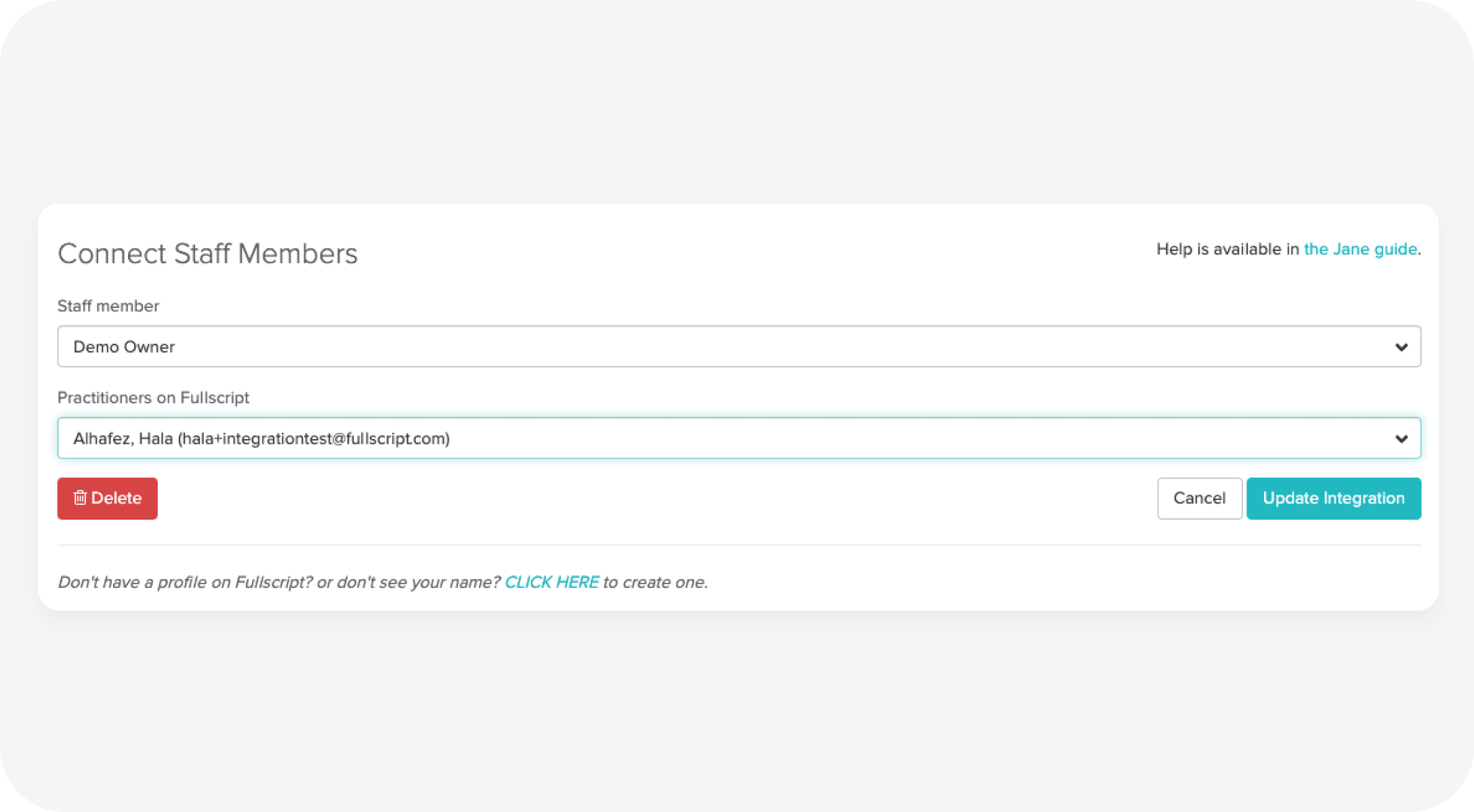 integrations partner screenshot of Fullscript practitioner-selection screen in the Jane platform