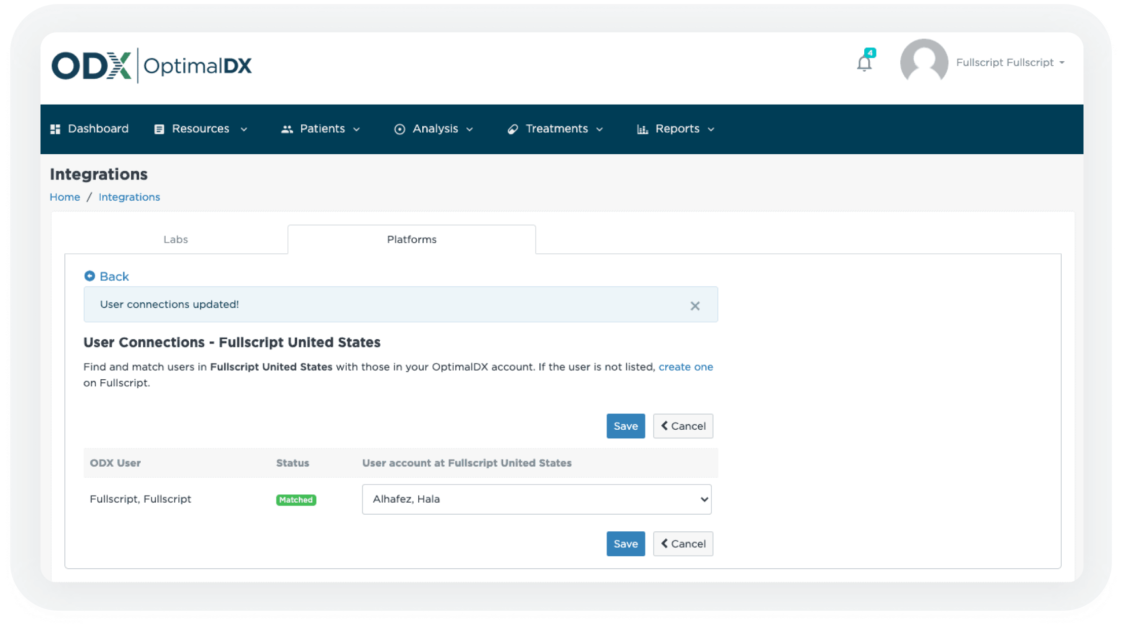 integrations partner screenshot of Fullscript connected user selection in the Optimal DX platform